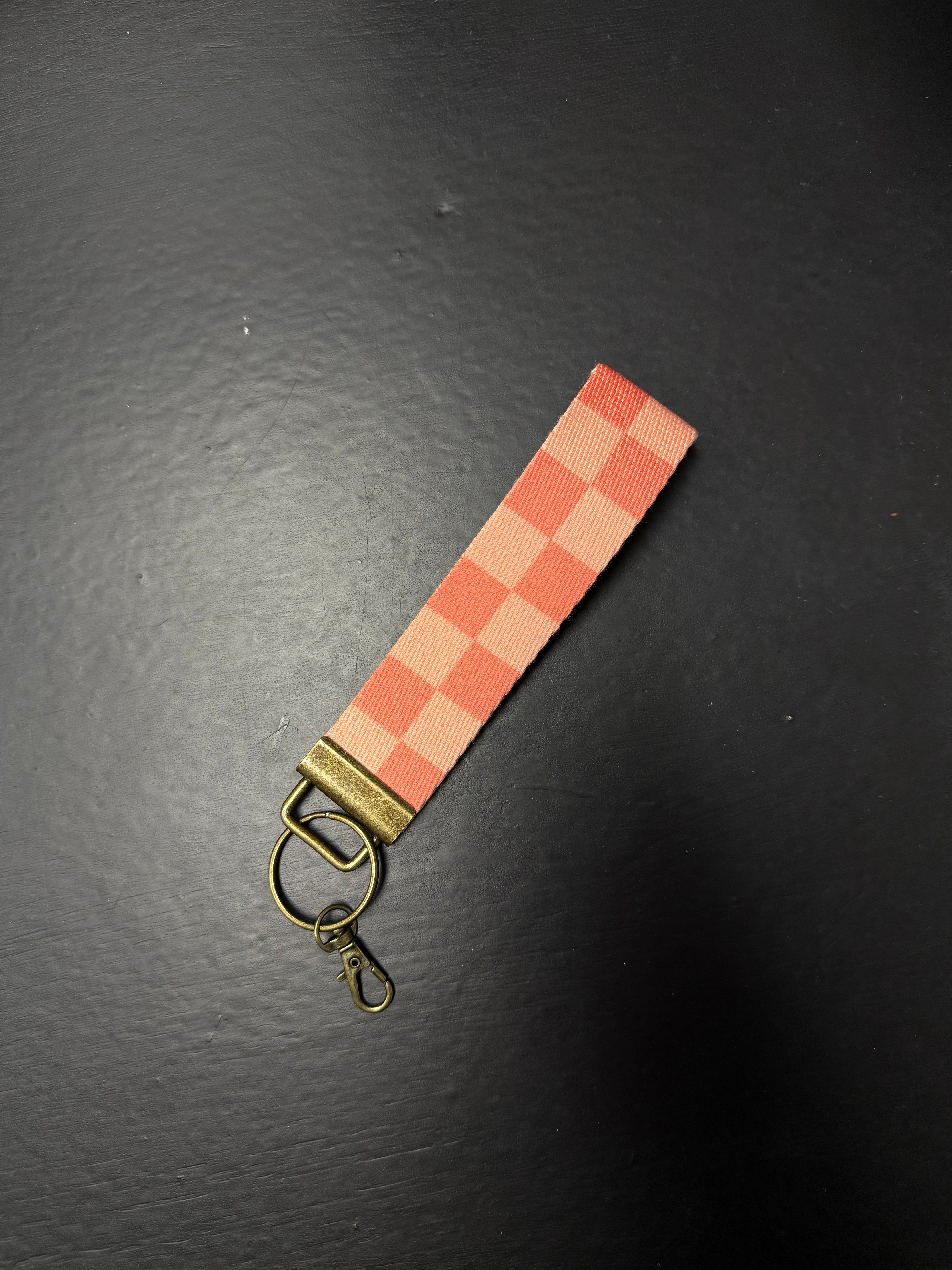 Pink Checkered Canvas Wrist Keychain Lanyard