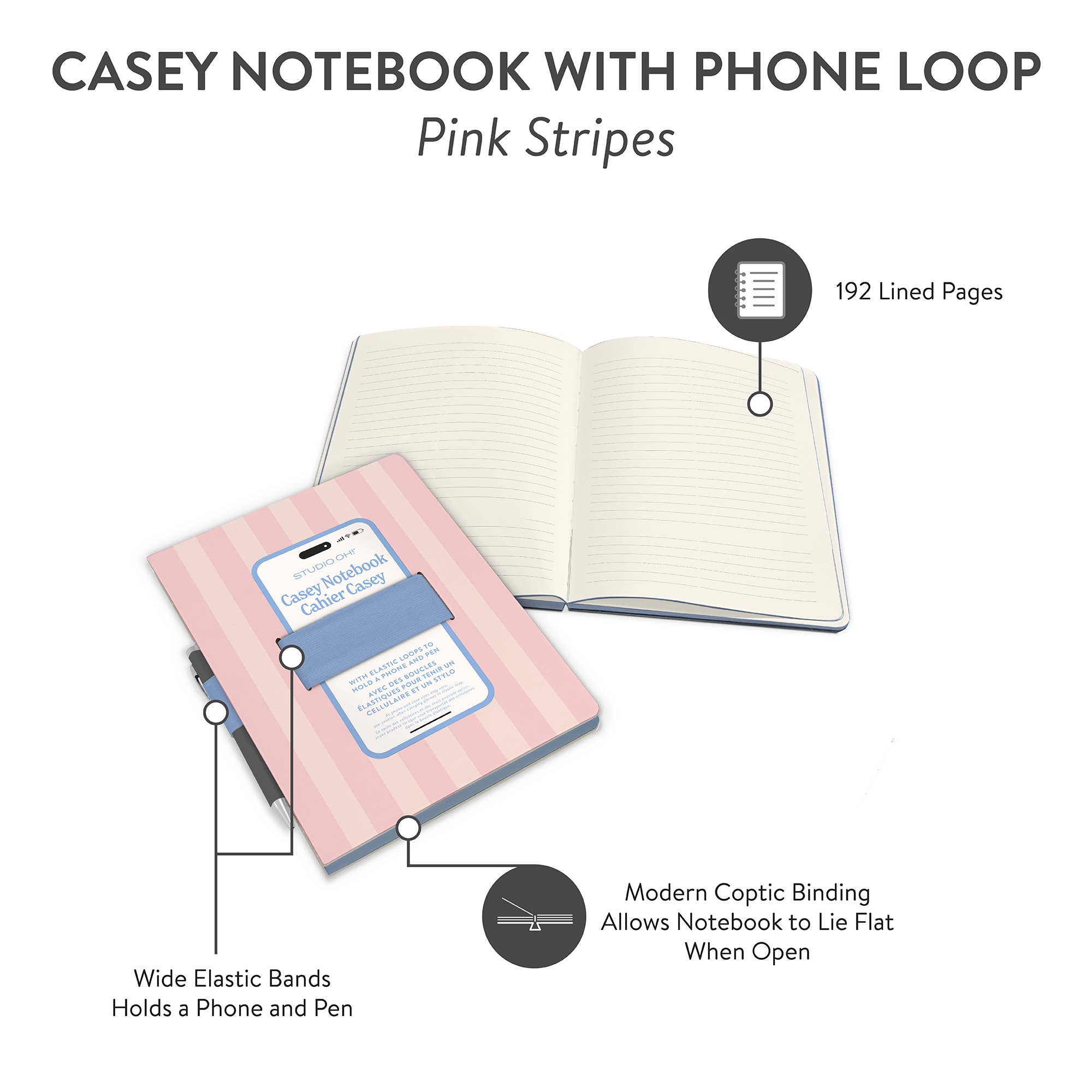 Pink Stripes Casey Notebook with Phone Loop
