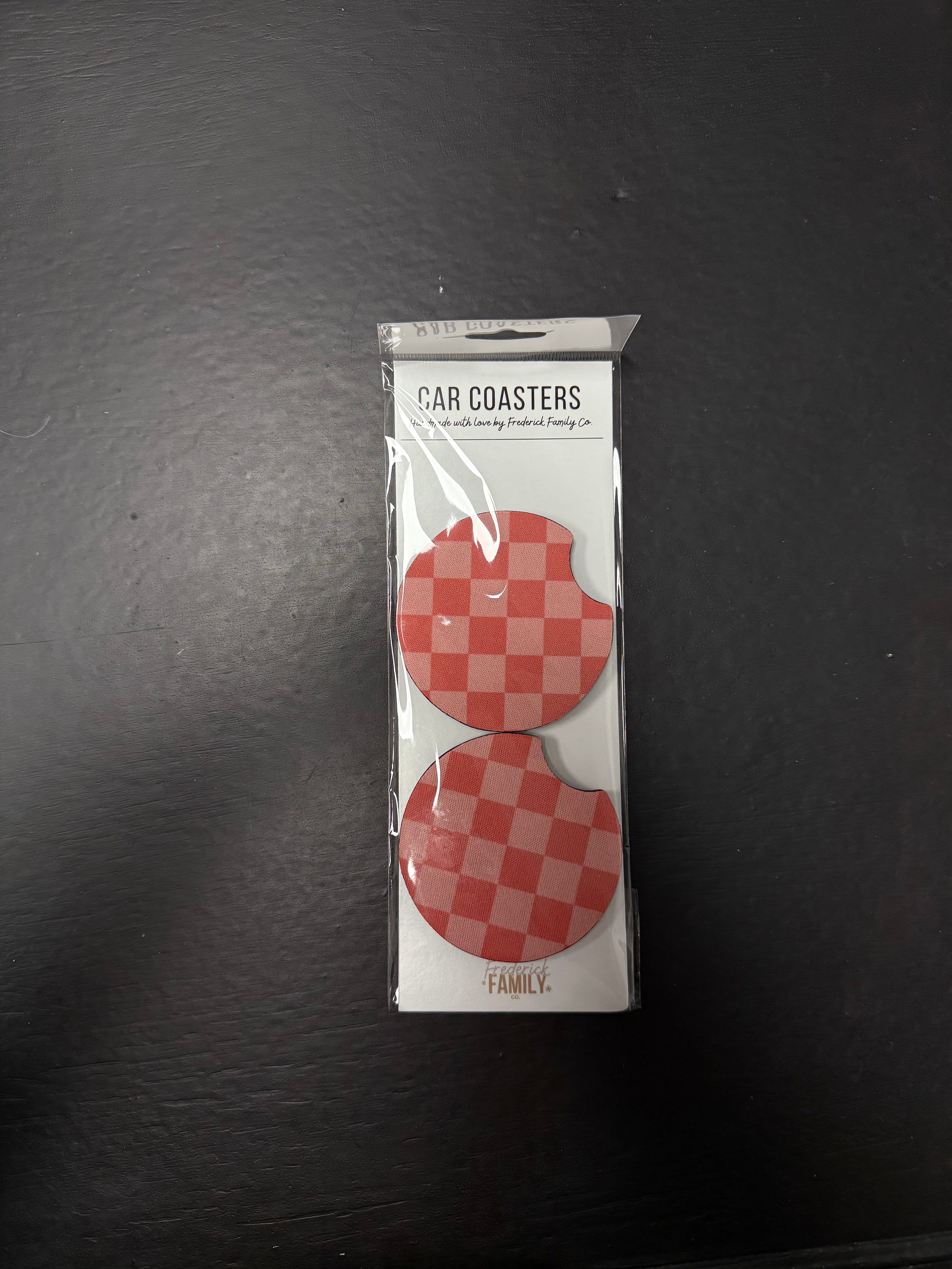 Pink Checkered Neoprene Car Coasters – Set of 2