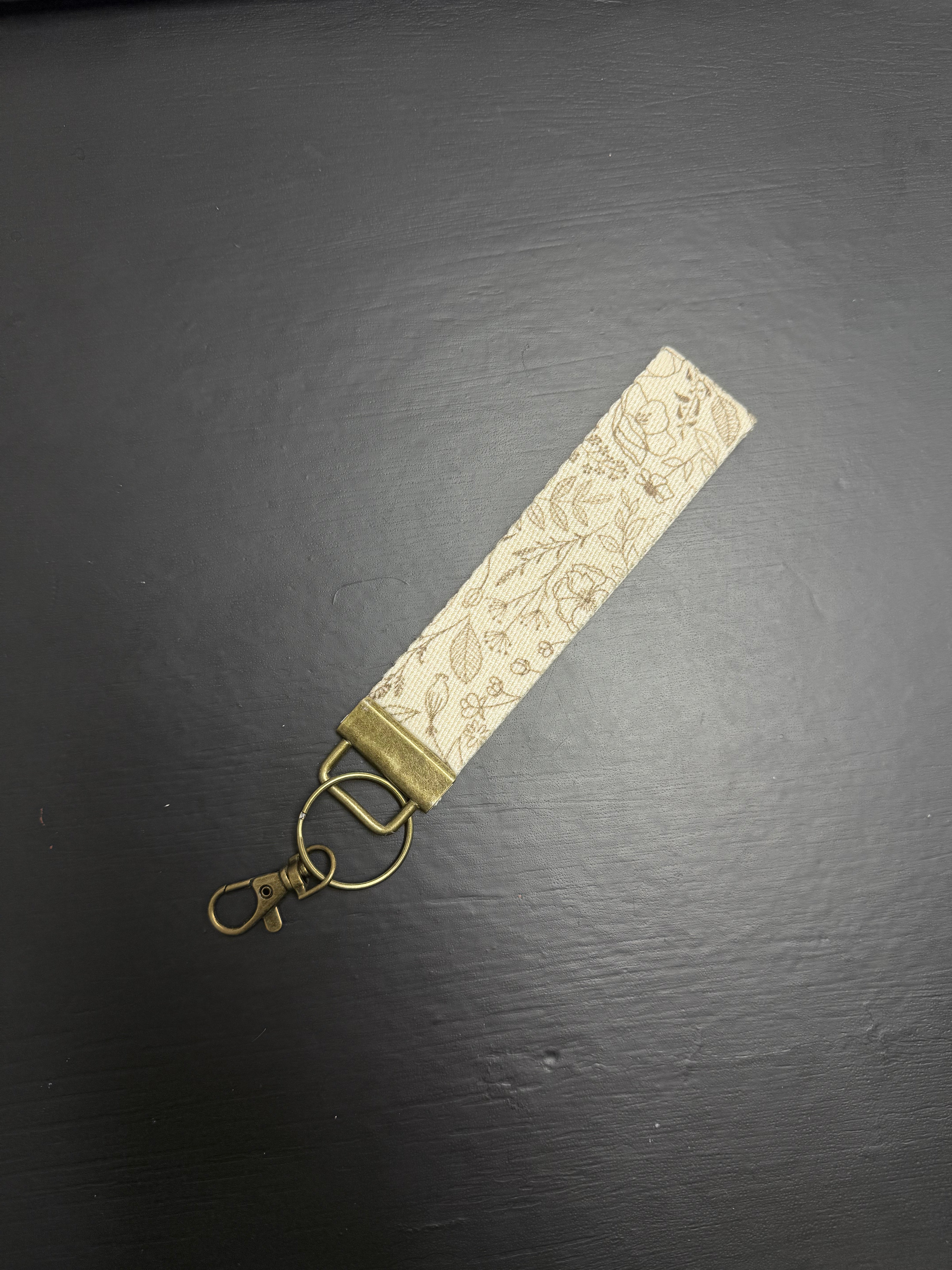 Brown Floral on Beige Canvas Wrist Keychain Lanyard
